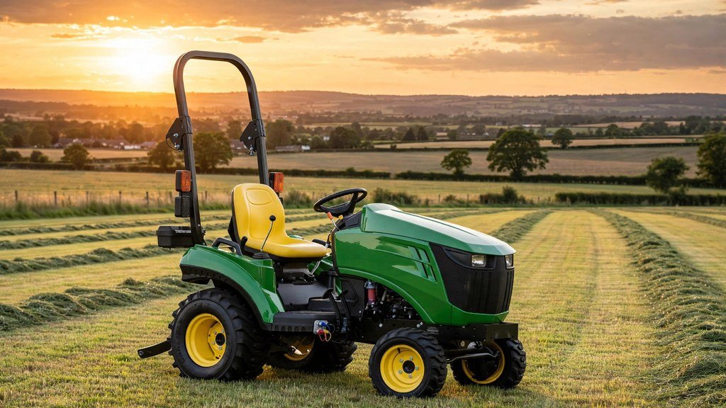 John Deere 2032R parked on a mowed property at sunset