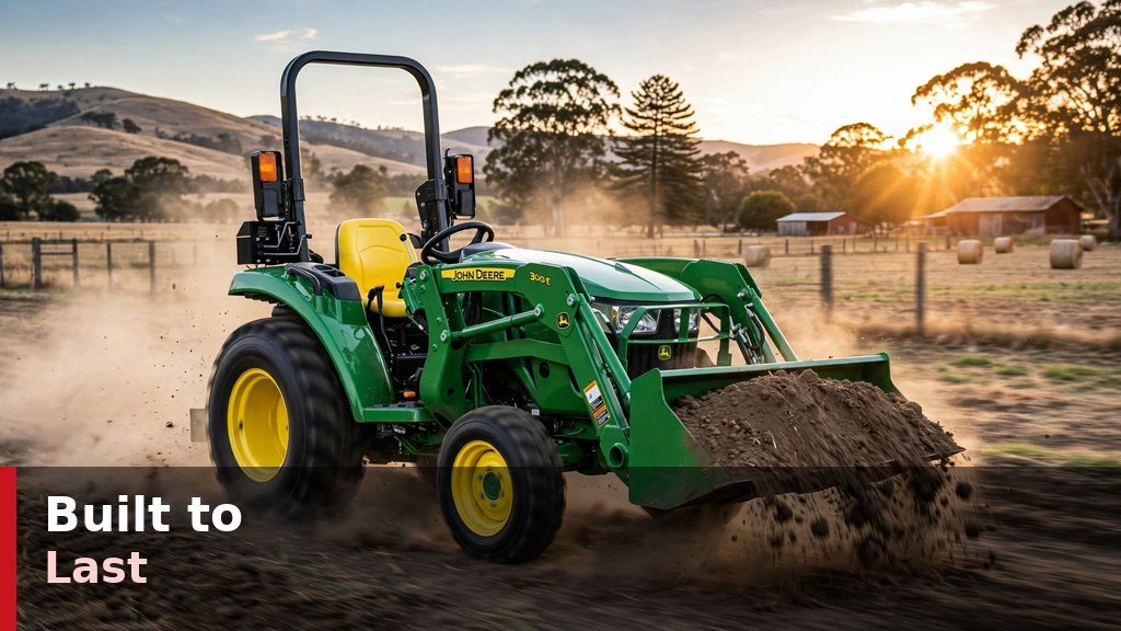 John Deere 2032R working with front loader on a rural property