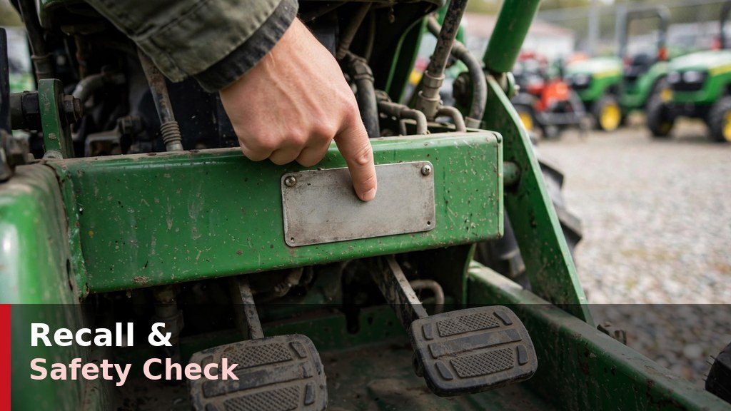 Checking serial number plate on a used John Deere 2032R before purchase