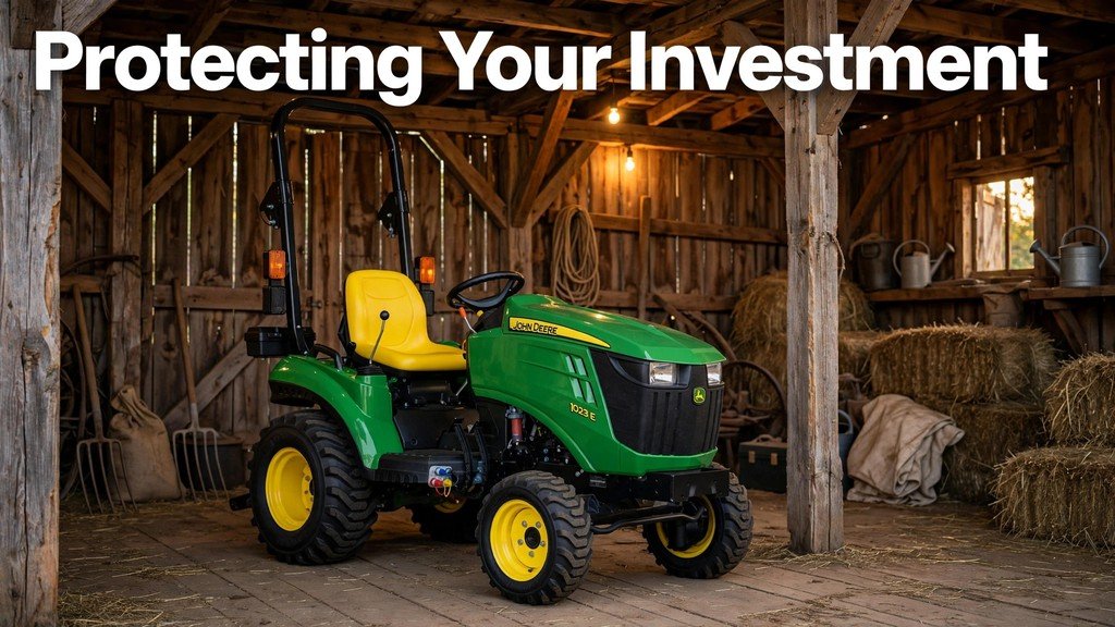 John Deere 2032R compact tractor stored securely inside a wooden barn