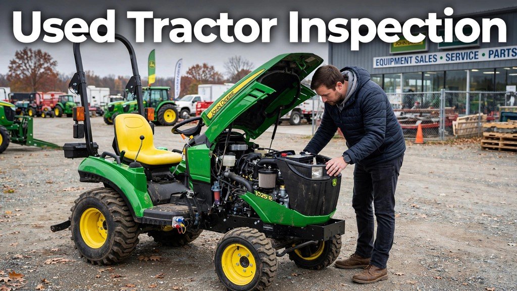 Buyer inspecting a used John Deere 2032R with the hood open on a dealer lot