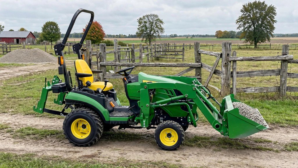 John Deere 3025E compact tractor with 300E loader carrying gravel on a rural property