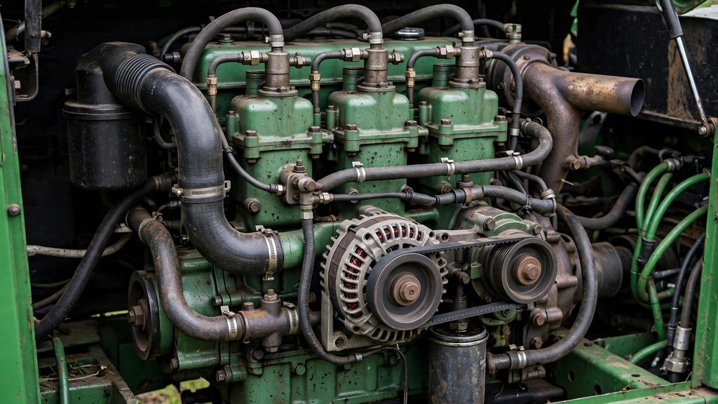 Close-up of the three-cylinder Yanmar diesel engine in a John Deere 3025E