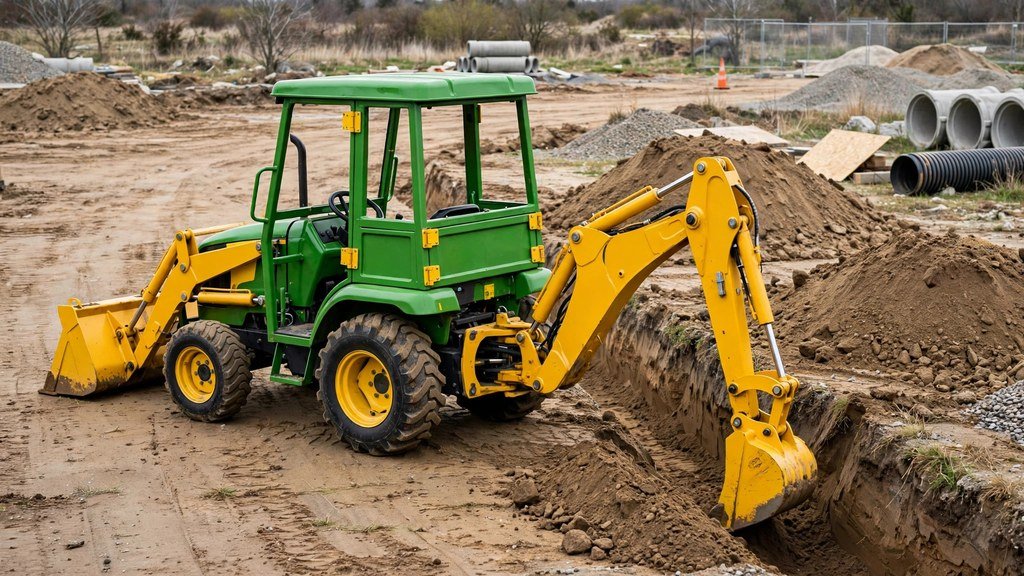 John Deere 3025E with rear backhoe attachment digging a trench