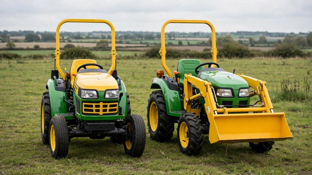 Two compact tractors side by side in a field for comparison