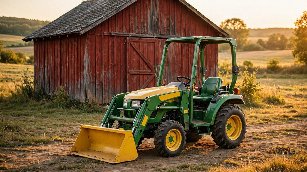 John Deere 3025E compact tractor parked in front of a barn