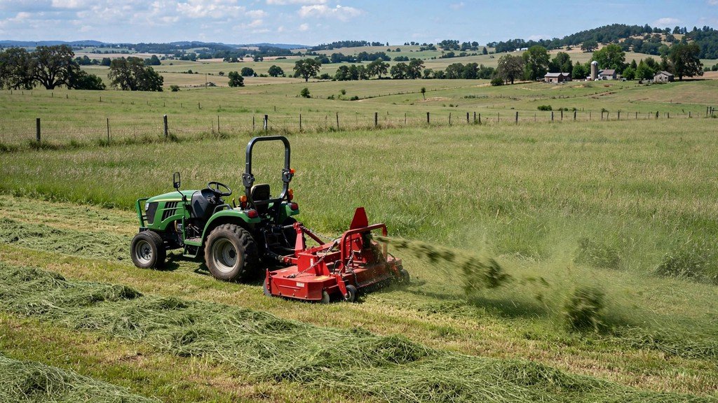 John Deere 3025E compact tractor mowing a field with a rear rotary cutter