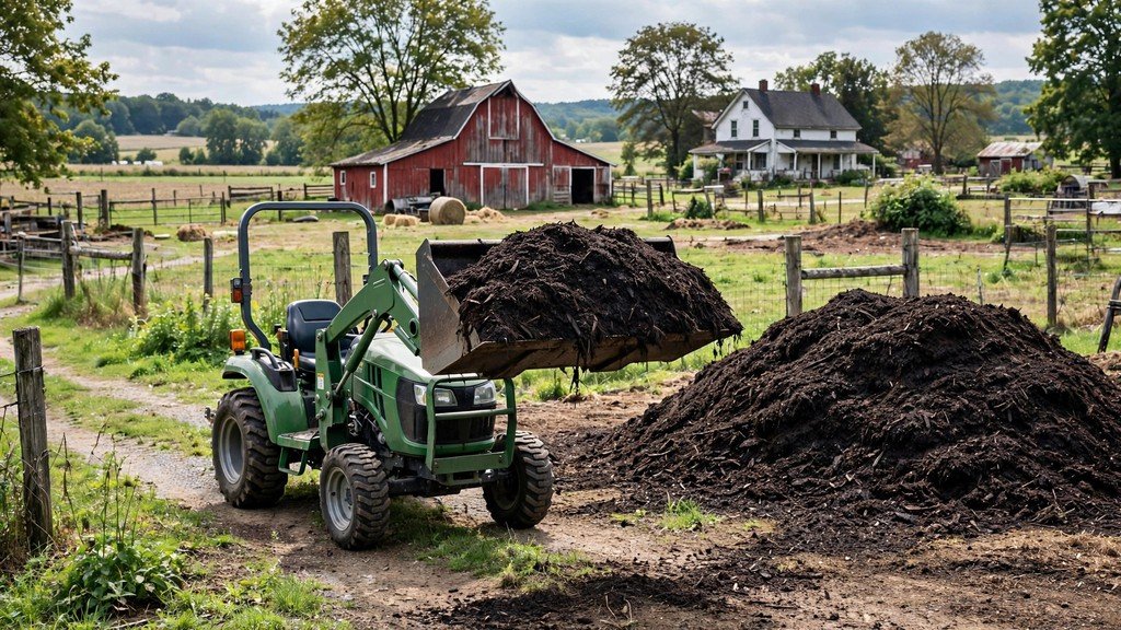 John Deere 3025E with 300E front loader moving mulch on a rural property