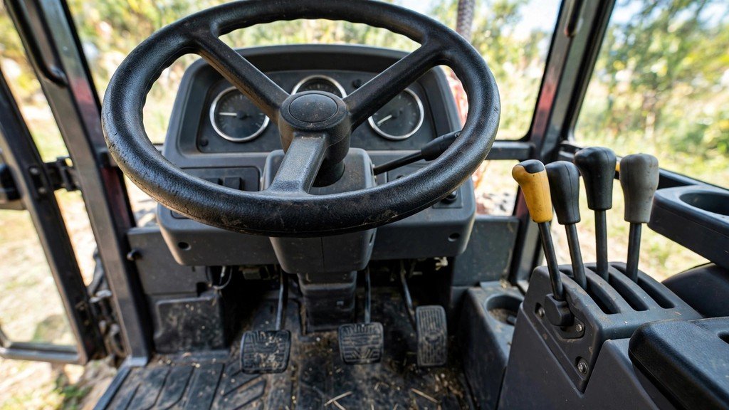Operator station controls and Twin Touch pedals on a John Deere 3025E
