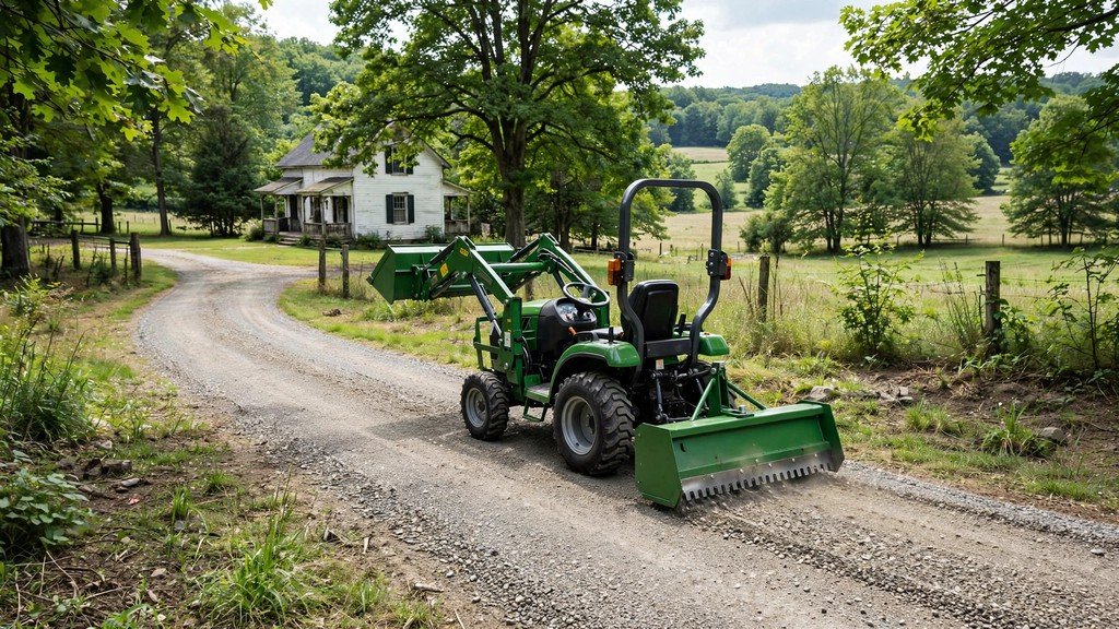 John Deere 3025E compact tractor working on a small rural property