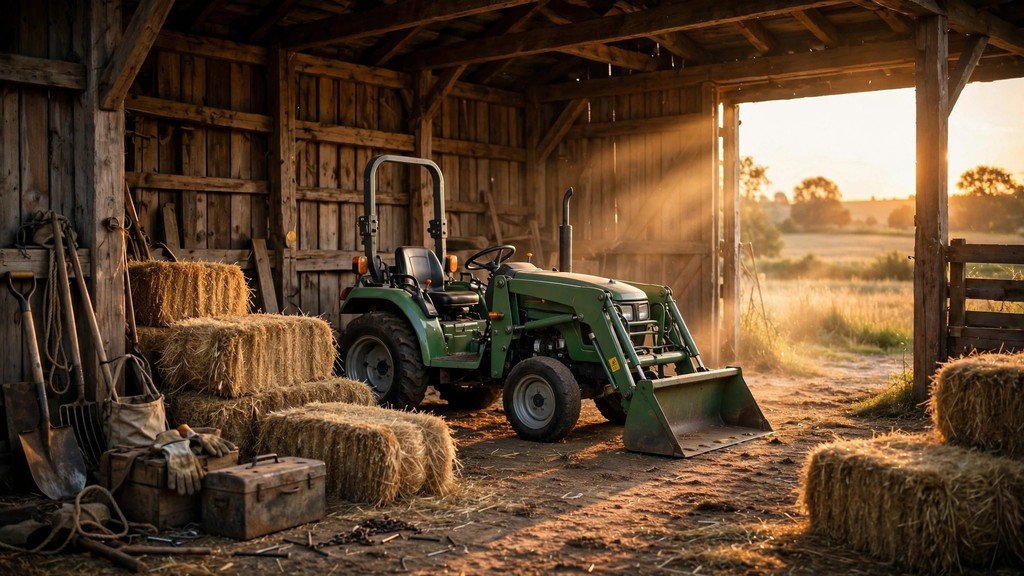 John Deere 3025E parked in a barn at the end of a workday