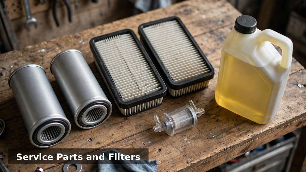 John Deere 3025E service parts: oil filters, air filters and engine oil on a workbench