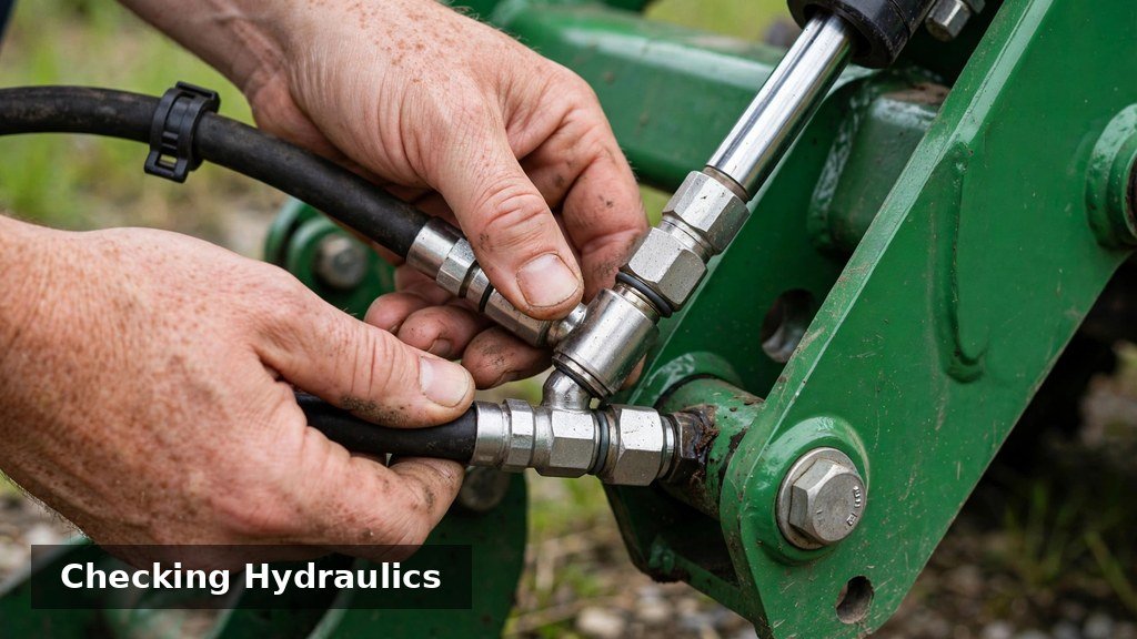 Checking hydraulic hose connections on a John Deere 3025E front loader