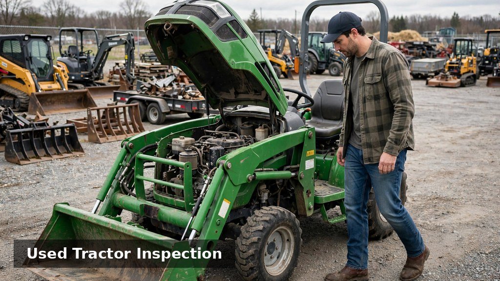 Inspecting a used John Deere 3025E on a dealer lot before purchase