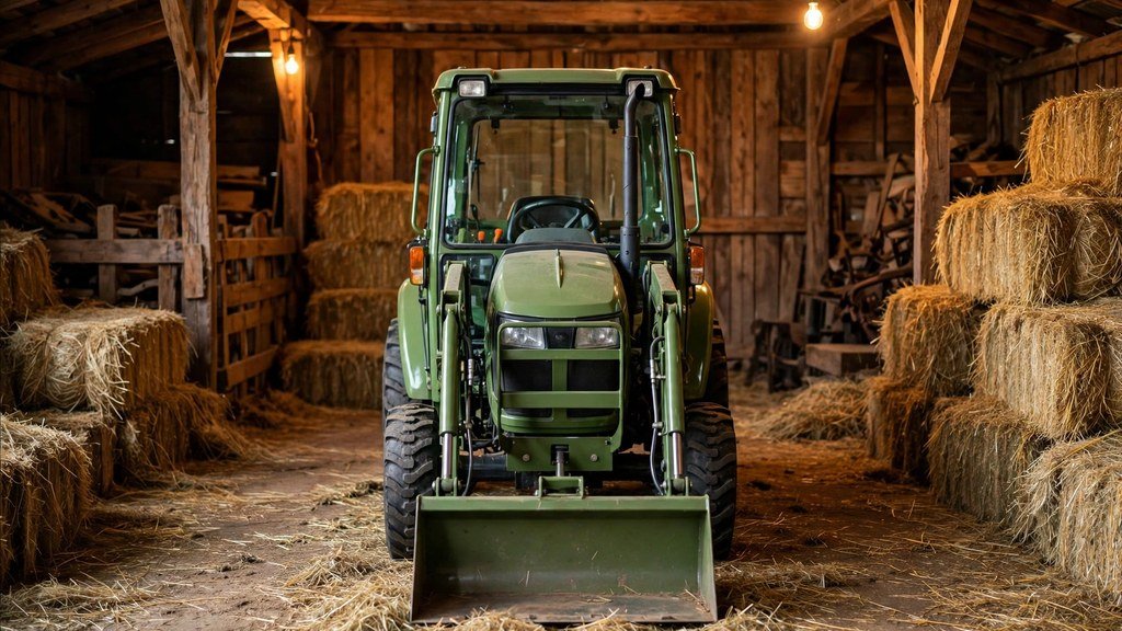 John Deere 3025E compact tractor stored securely inside a wooden barn