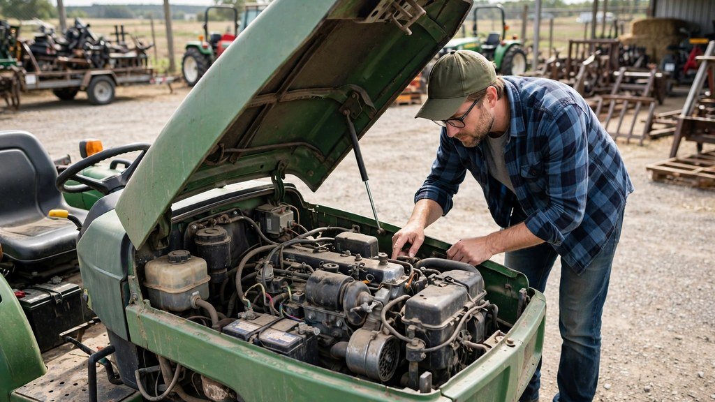 Buyer inspecting a used John Deere 3025E with the hood open on a dealer lot