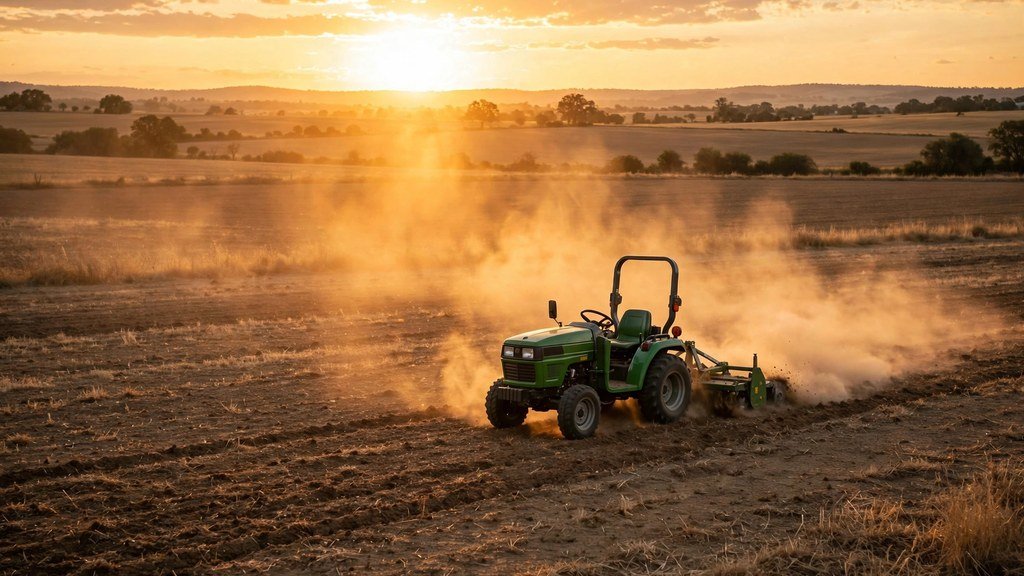 John Deere 3025E working in a field at golden hour