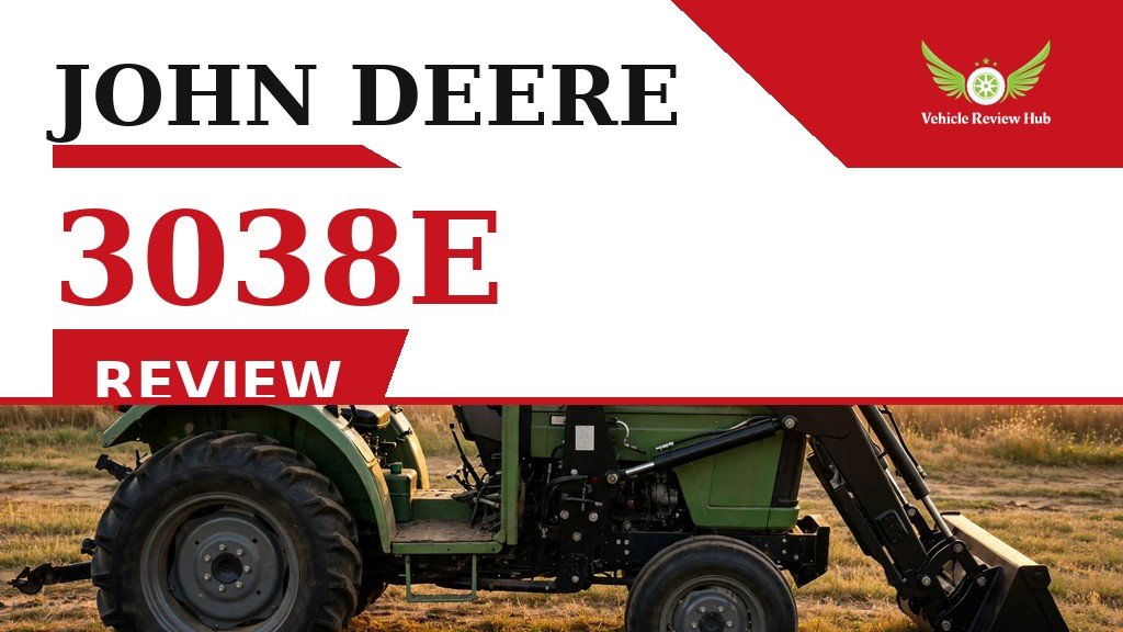 John Deere 3038E Review featured banner with a green tractor