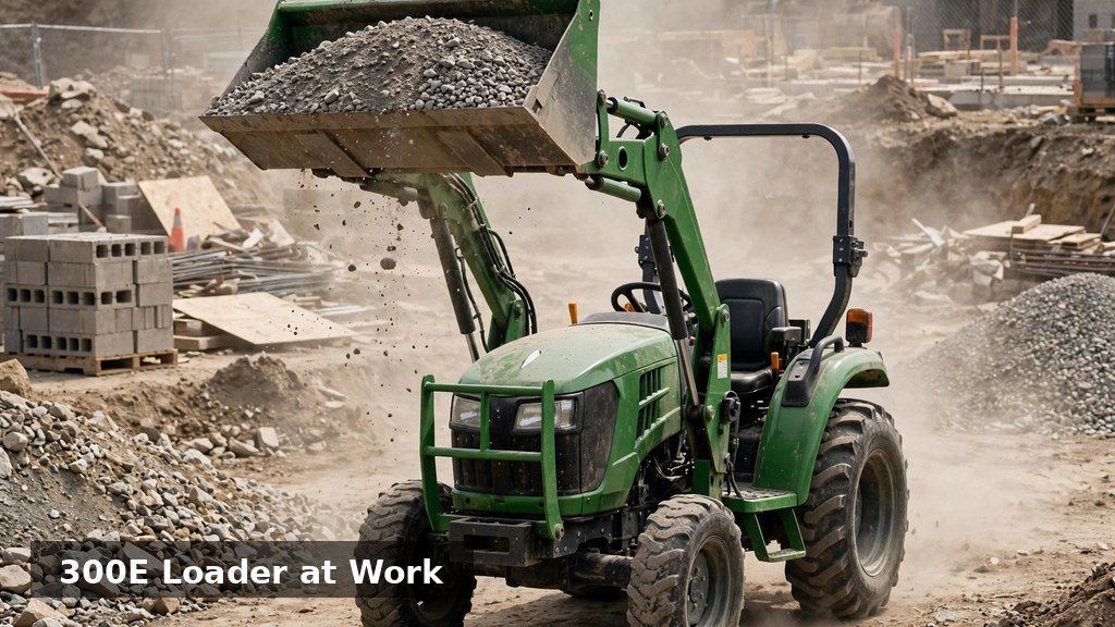 John Deere 3038E compact tractor with 300E front loader lifting gravel