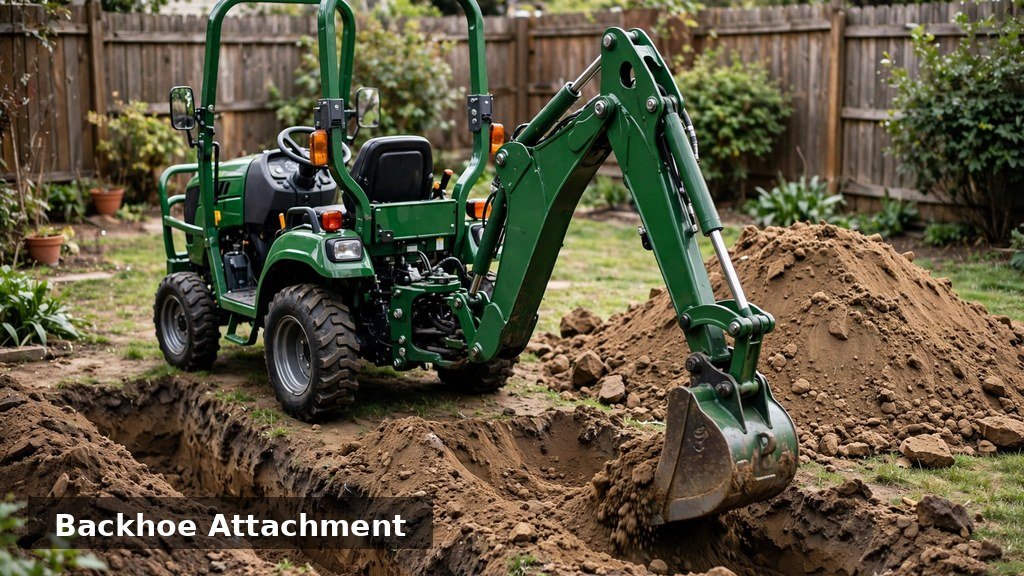 John Deere 3038E with rear backhoe attachment digging a trench