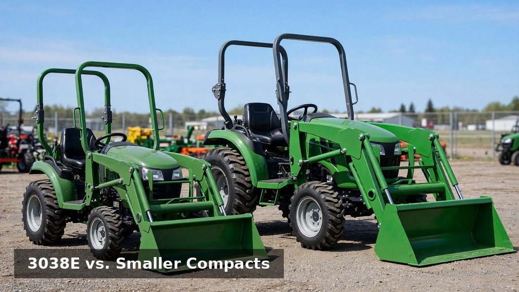 John Deere 3038E beside a smaller compact tractor on a dealer lot