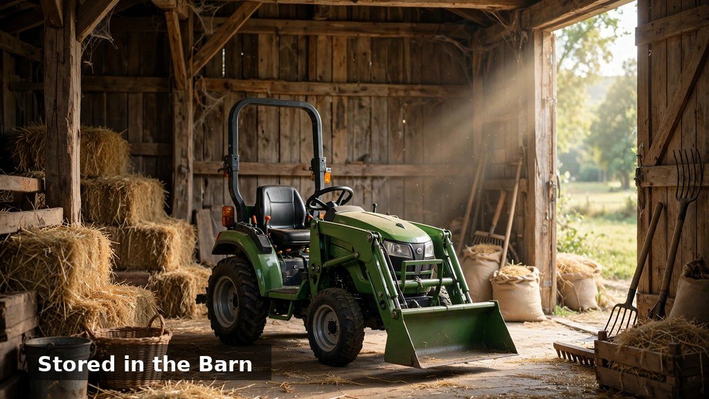 John Deere 3038E parked inside a barn