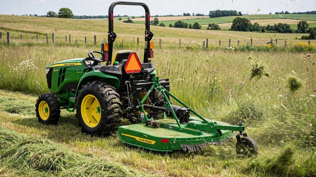 John Deere 3038E mowing a pasture with a rear rotary cutter