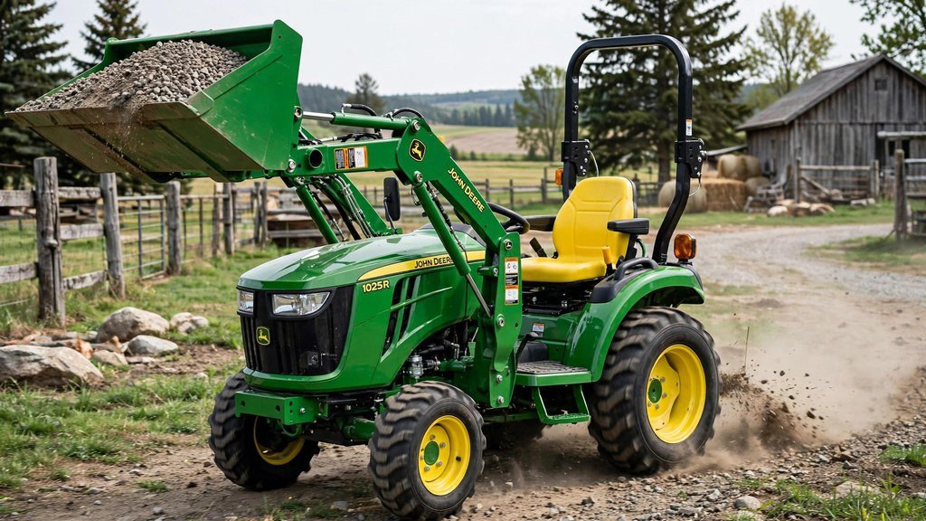 John Deere 3038E with 300E front loader moving gravel on a rural property