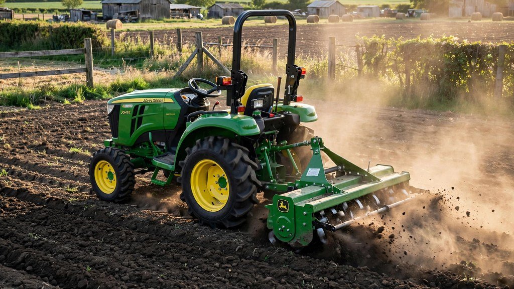 John Deere 3038E tilling dark soil with a rear rotary tiller