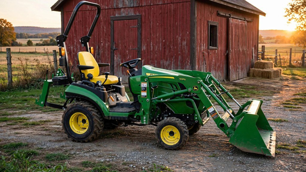 John Deere 3038E parked in front of a red barn at golden hour