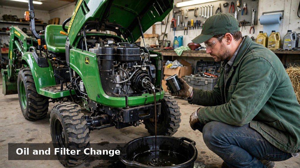 Owner changing engine oil and filter on a John Deere 3038E compact tractor