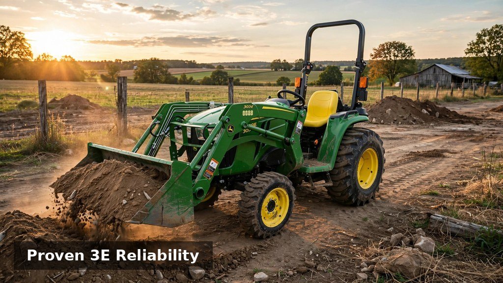 John Deere 3038E compact tractor working with front loader on a rural property