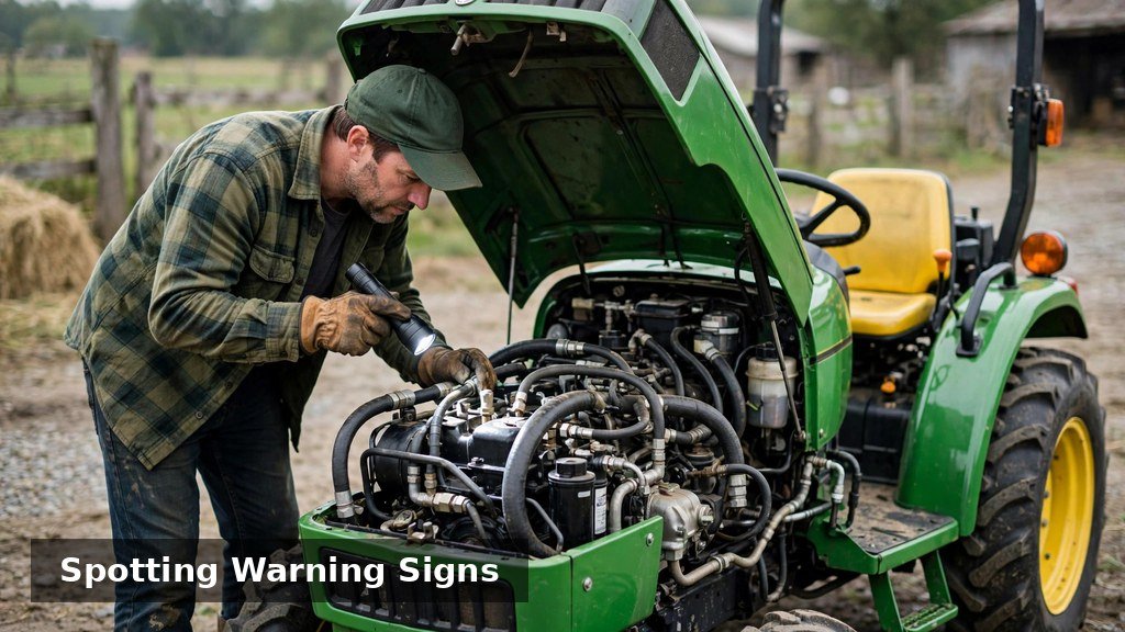Owner inspecting engine compartment and hydraulic connections on a John Deere 3038E