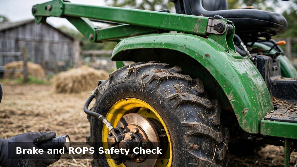 Checking brakes and foldable ROPS safety components on a John Deere 3038E
