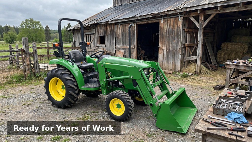 John Deere 3038E compact tractor parked after scheduled maintenance