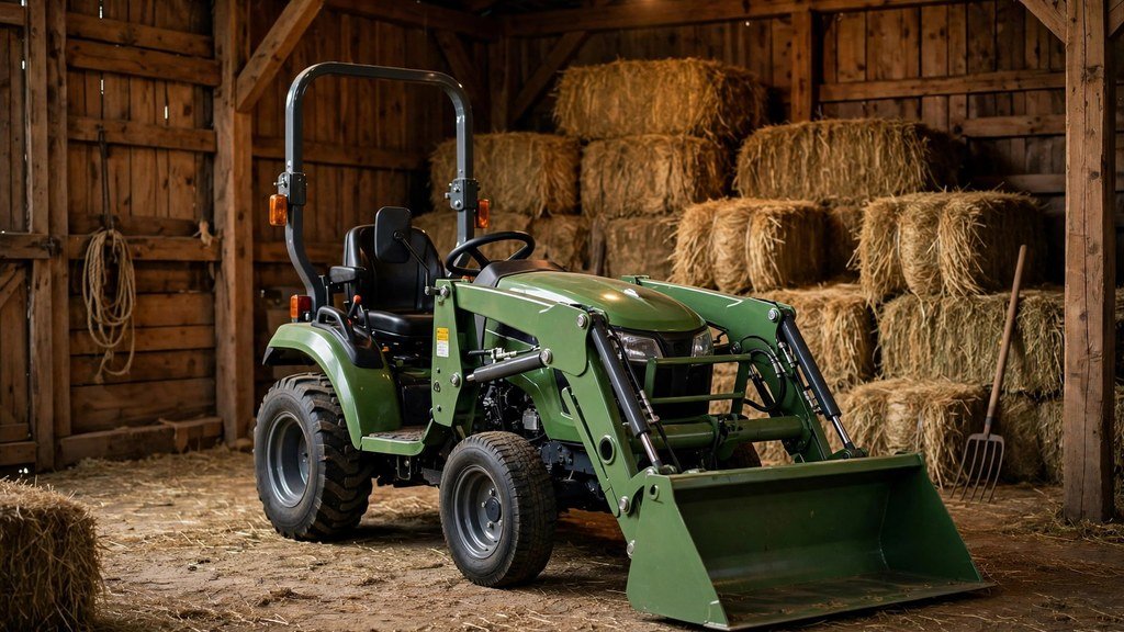John Deere 3038E compact tractor stored securely inside a wooden barn