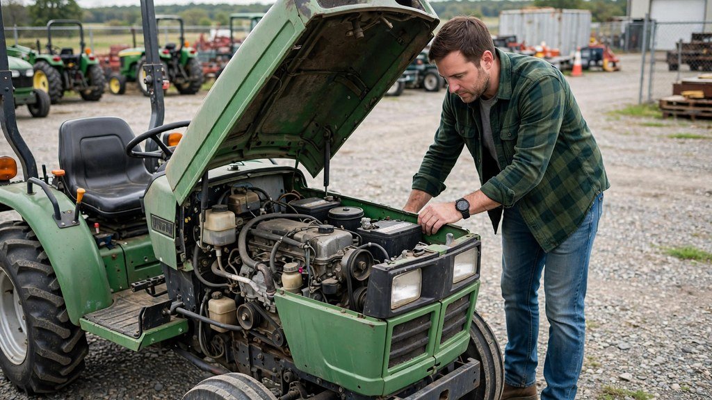 Buyer inspecting a used John Deere 3038E with the hood open on a dealer lot
