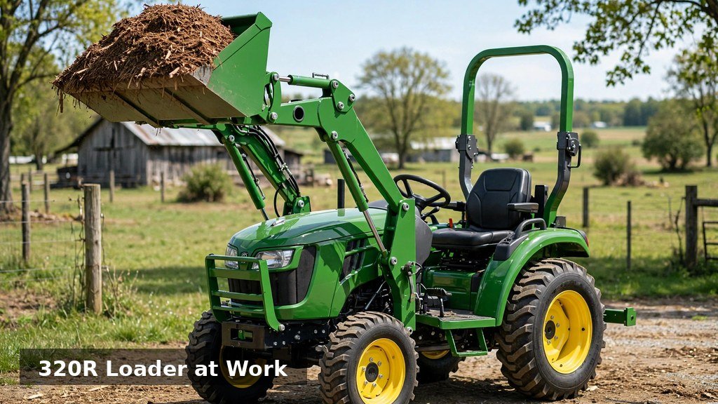 John Deere 3046R compact tractor with 320R front loader lifting mulch on a rural property