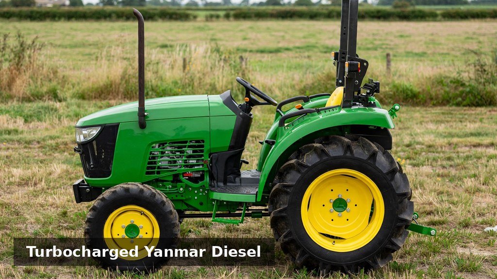 Side profile of a John Deere 3046R showing the Yanmar diesel engine compartment and exhaust