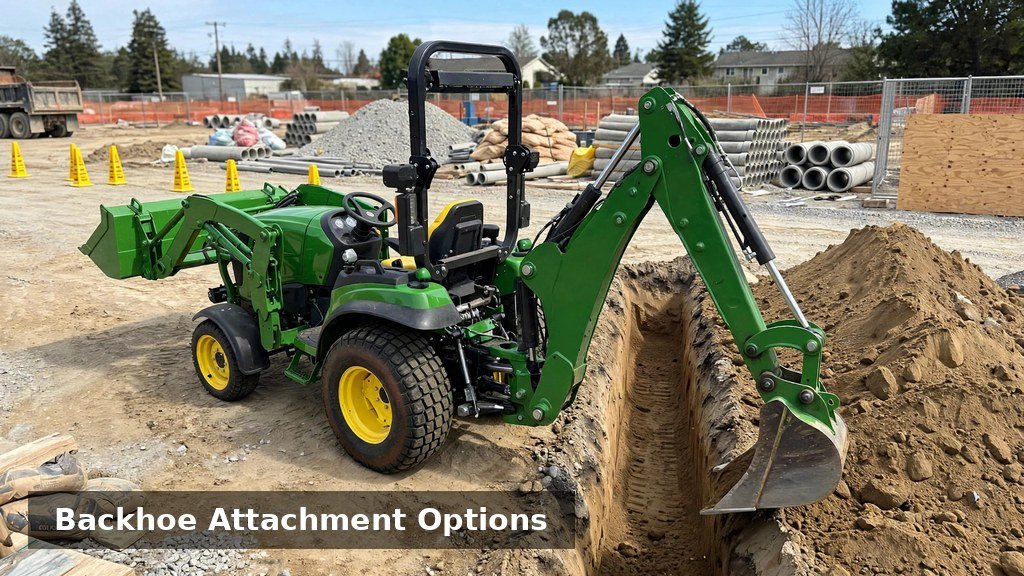 John Deere 3046R with rear backhoe attachment digging a trench