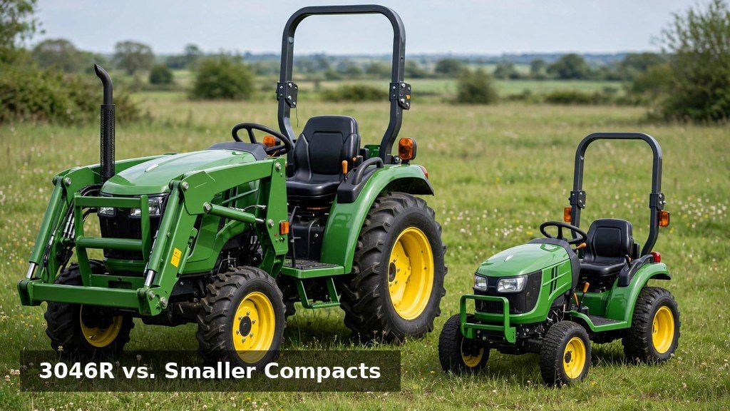 John Deere 3046R parked beside a smaller compact tractor in a field for size comparison
