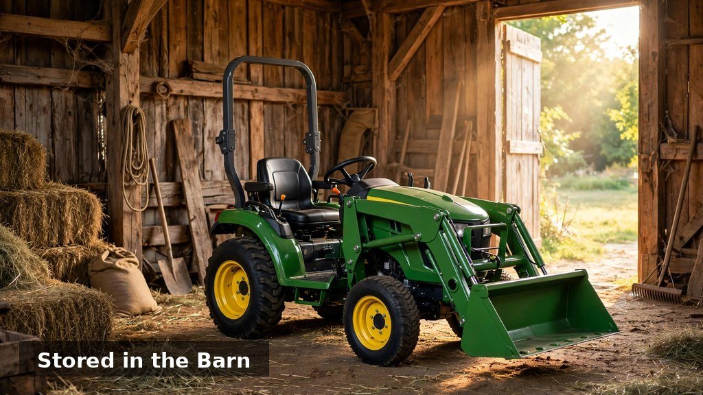 John Deere 3046R compact tractor parked inside a wooden barn