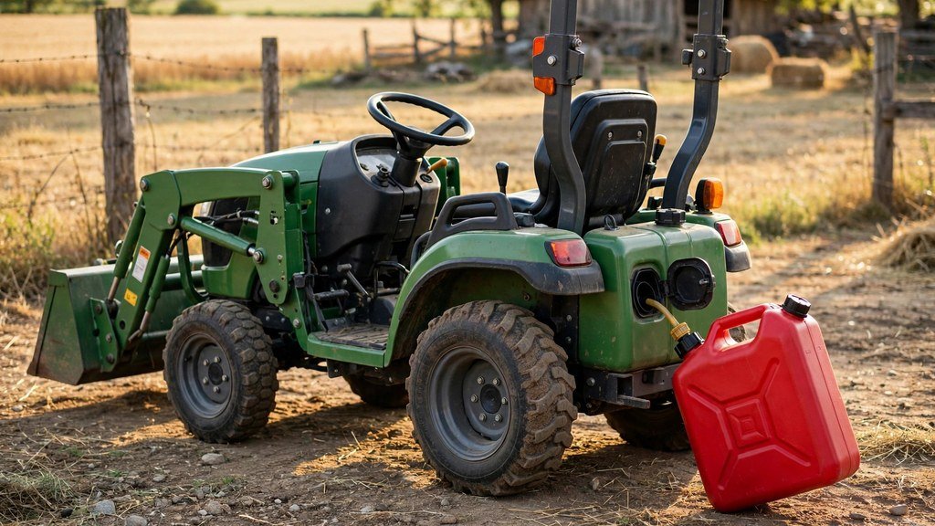 Green compact utility tractor being refueled with a diesel fuel can on a rural property