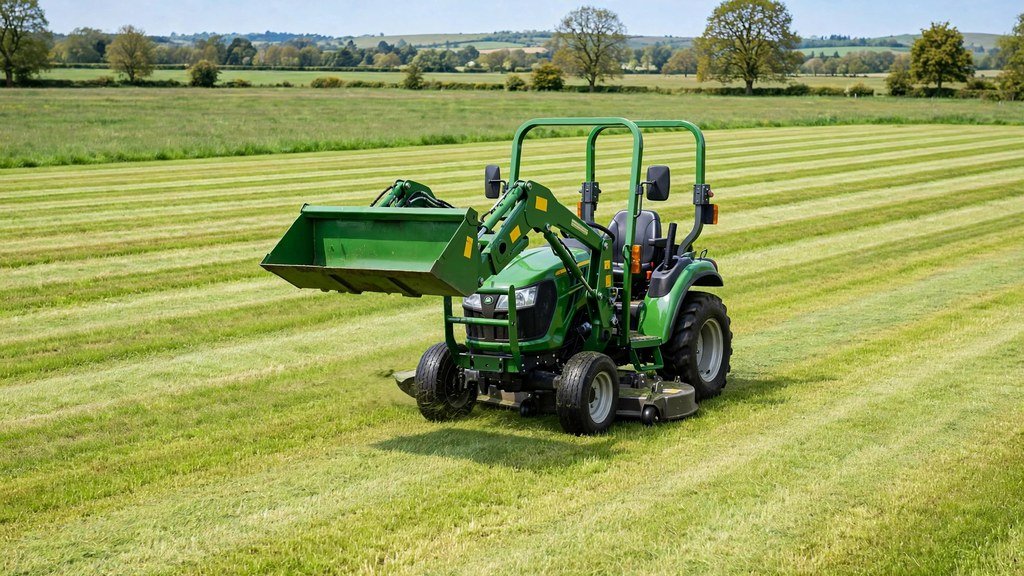 Green compact tractor mowing a large field with a mid-mount mower deck on a sunny day