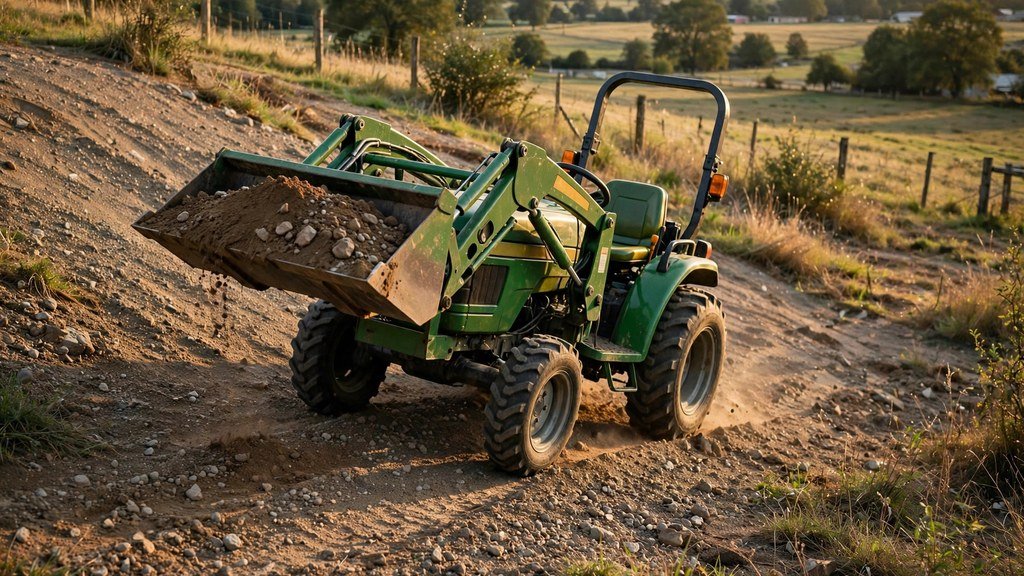 Green compact tractor with loader climbing a gentle gravel slope carrying a bucket of dirt