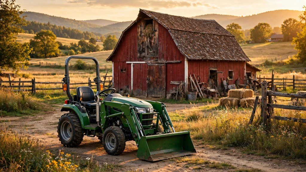 Green compact tractor parked in front of a red barn on a rural homestead at golden hour
