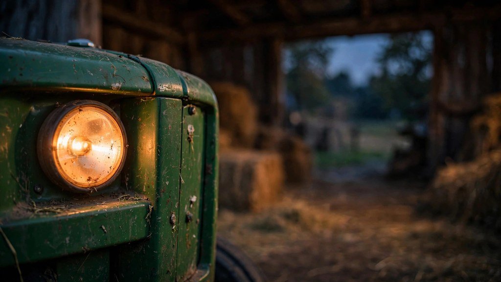 Close-up of a green tractor hood with headlight glowing in a dim farm shed at dusk