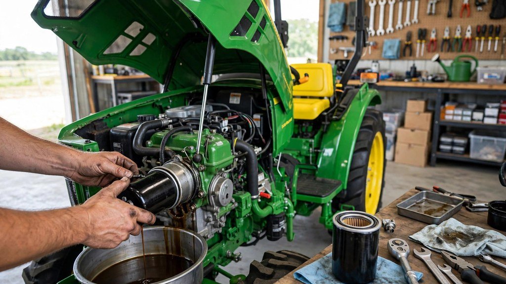 Changing engine oil and filter on a John Deere 3046R compact tractor