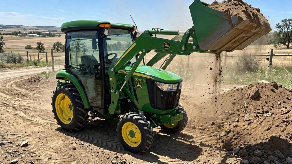 John Deere 3046R with cab and front loader working on a property