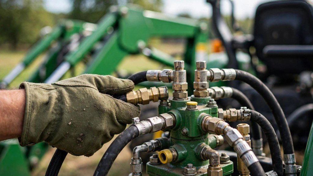 Owner inspecting hydraulic quick couplers on a John Deere 3046R
